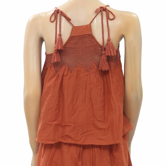 HappyxNature Kate Hudson Tiered Slip Midi Dress Rust Crochet Lace Tie XXS - Picture 4 of 5
